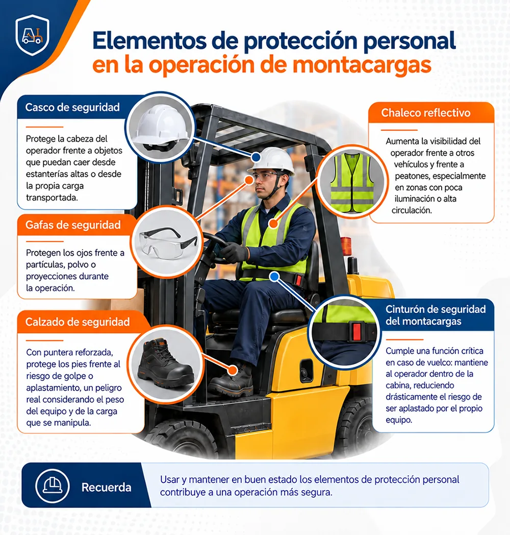 Elementos de protección personal en la operación de montacargas: casco de seguridad, gafas de seguridad, calzado de seguridad, chaleco reflectivo y cinturón de seguridad del montacargas, con la función de cada uno