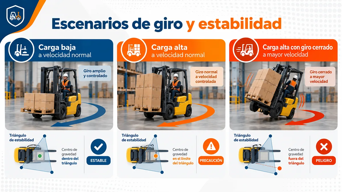 Escenarios de giro y estabilidad: carga baja a velocidad normal, estable; carga alta a velocidad normal, precaución; carga alta con giro cerrado a mayor velocidad, peligro. Debajo de cada uno, el centro de gravedad dentro, en el límite o fuera del triángulo de estabilidad