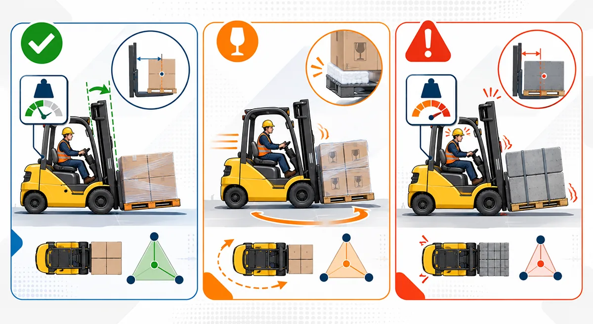 Tres tipos de carga en un montacargas: carga estándar, transportada baja y con el mástil inclinado hacia atrás; carga frágil, con giros amplios y suaves; y carga pesada, cerca del límite de capacidad, con menor margen dentro del triángulo de estabilidad