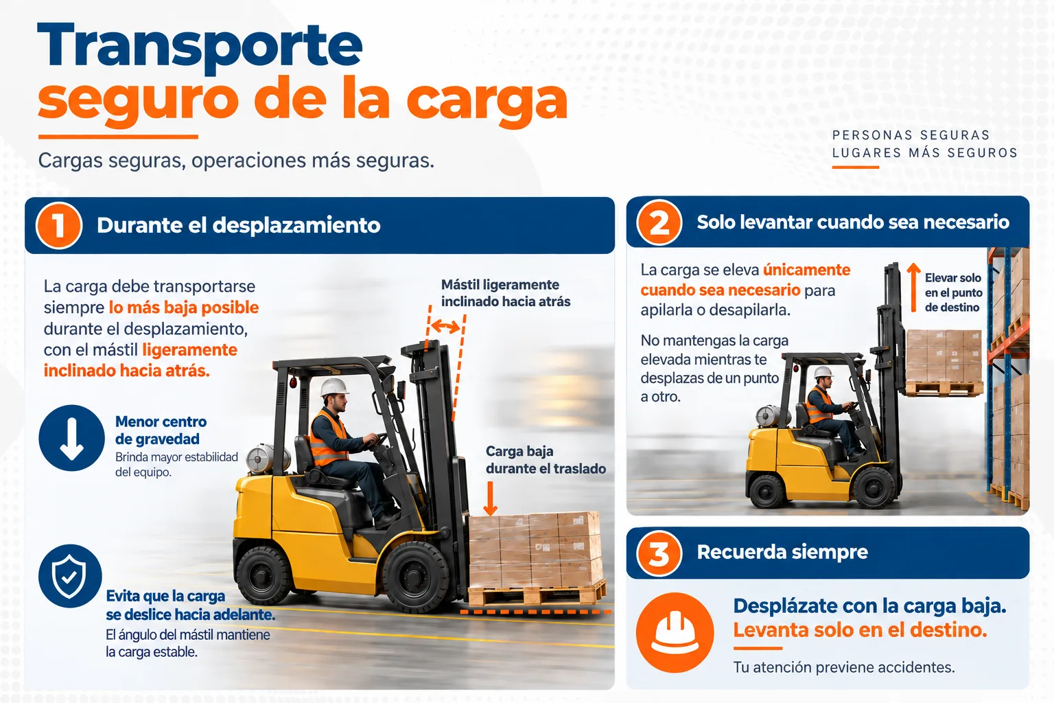 Transporte seguro de la carga. Durante el desplazamiento: la carga debe transportarse siempre lo más baja posible, con el mástil ligeramente inclinado hacia atrás; menor centro de gravedad y la carga no se desliza hacia adelante. Solo levantar cuando sea necesario: la carga se eleva únicamente para apilarla o desapilarla; no mantengas la carga elevada mientras te desplazas. Recuerda siempre: desplázate con la carga baja y levanta solo en el destino.