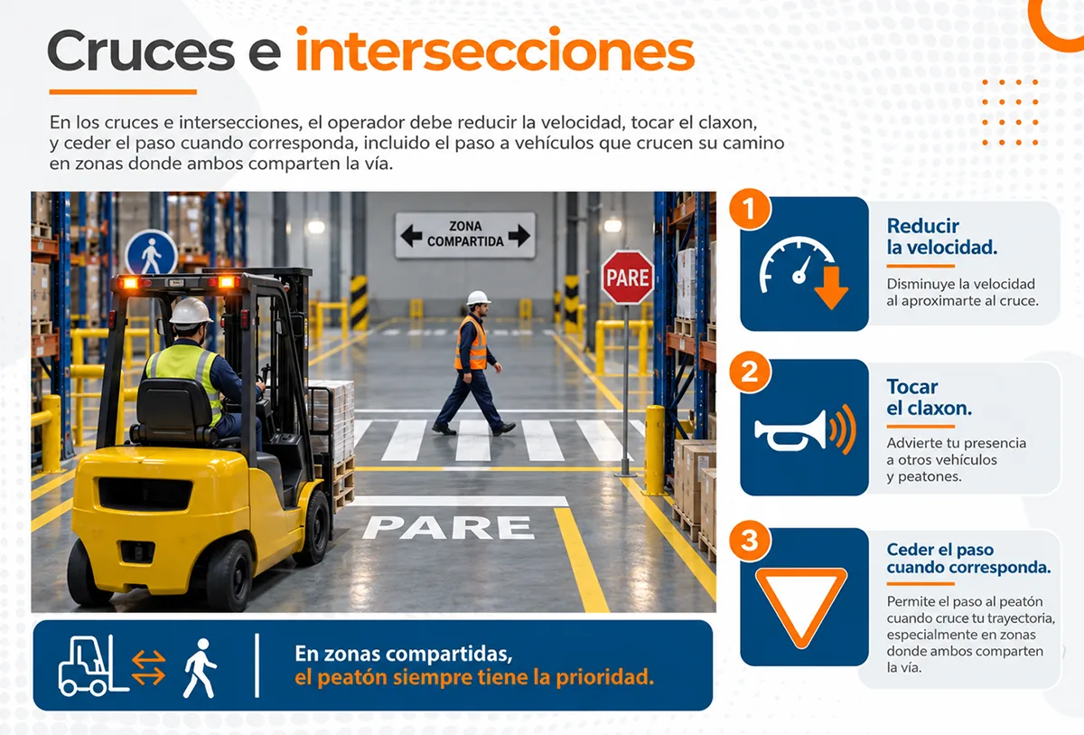 Cruces e intersecciones: en los cruces, el operador debe reducir la velocidad, tocar el claxon y ceder el paso cuando corresponda. En zonas compartidas, el peatón siempre tiene la prioridad