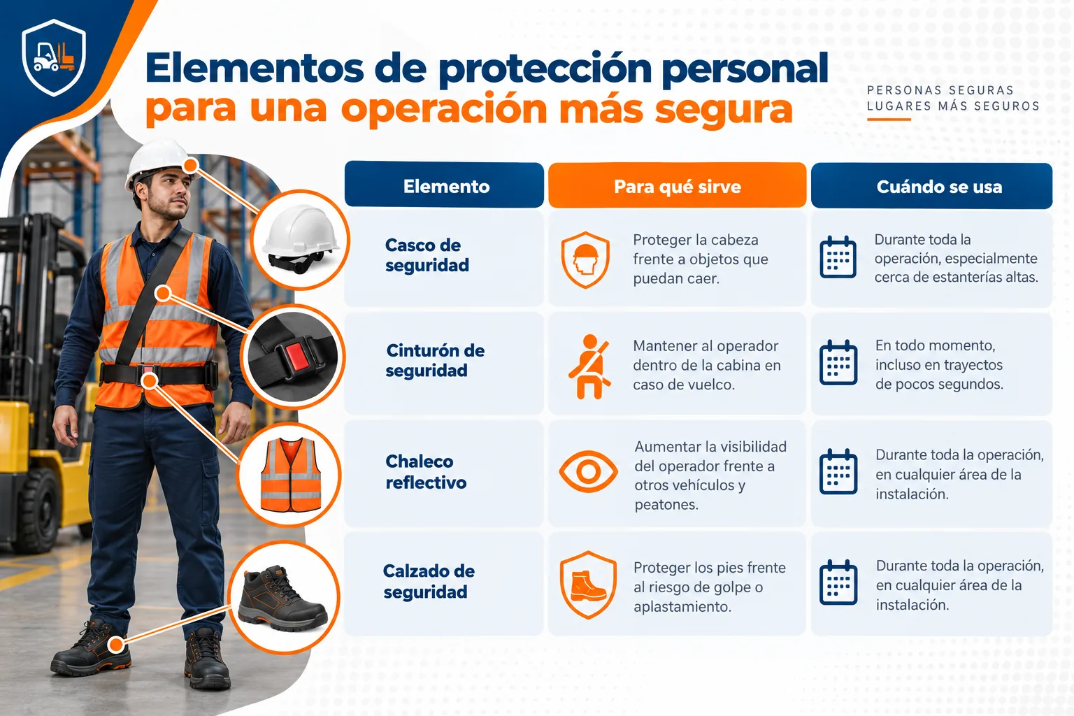 Elementos de protección personal para una operación más segura. Casco de seguridad: protege la cabeza frente a objetos que puedan caer; durante toda la operación, especialmente cerca de estanterías altas. Cinturón de seguridad: mantiene al operador dentro de la cabina en caso de vuelco; en todo momento, incluso en trayectos de pocos segundos. Chaleco reflectivo: aumenta la visibilidad del operador frente a otros vehículos y peatones; durante toda la operación, en cualquier área de la instalación. Calzado de seguridad: protege los pies frente al riesgo de golpe o aplastamiento; durante toda la operación, en cualquier área de la instalación.